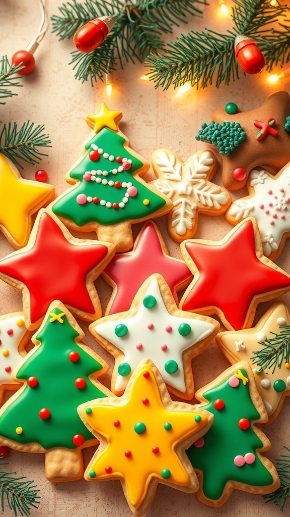 A variety of modern Christmas doodles cookies in festive shapes and colors, decorated with icing and sprinkles.